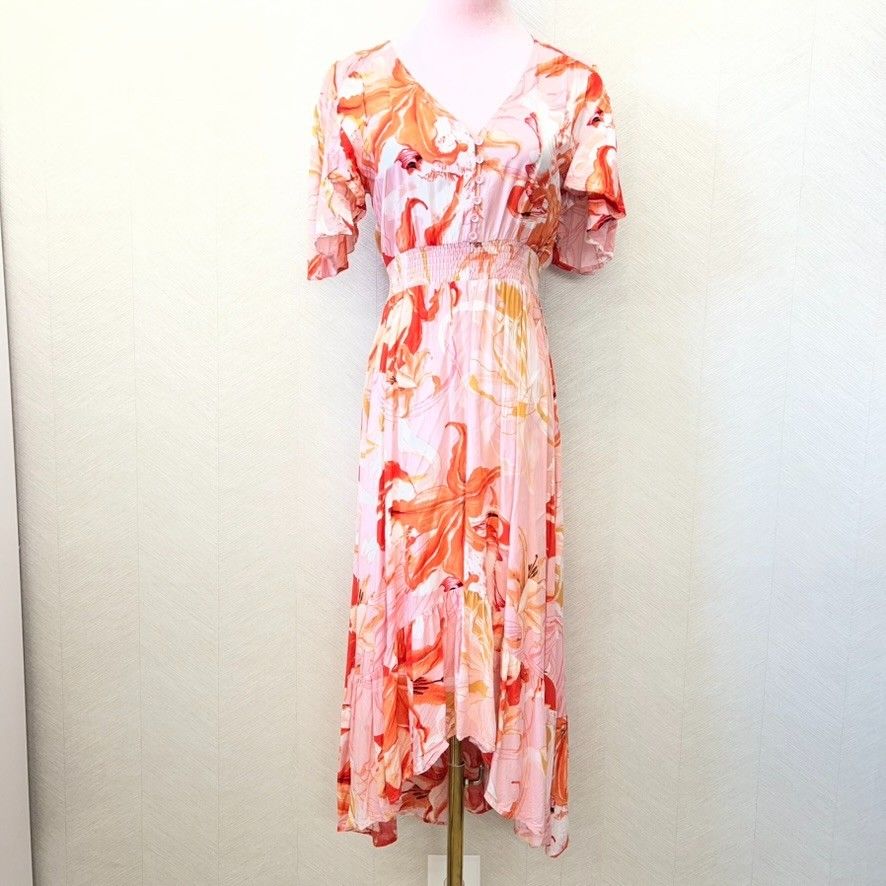 Abel The Label Pink Orange Floral Hi-Low Hem Fit & Flare Dress Womens Xs
